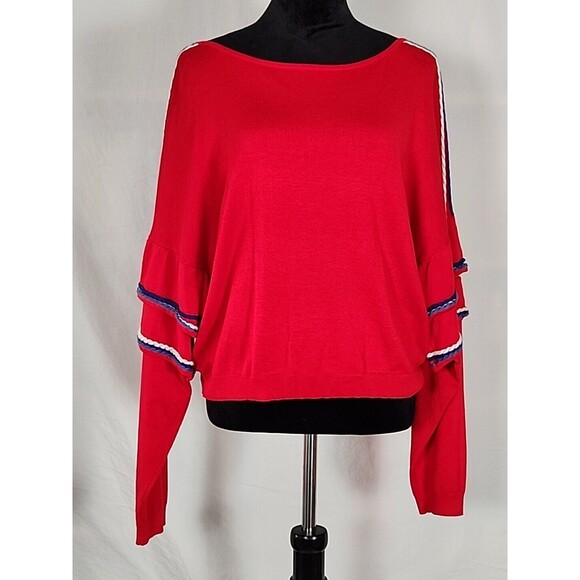 Love by Design Red Layered Ruffle Sleeve Cropped Knit Pullover Sweater Large - Picture 1 of 15